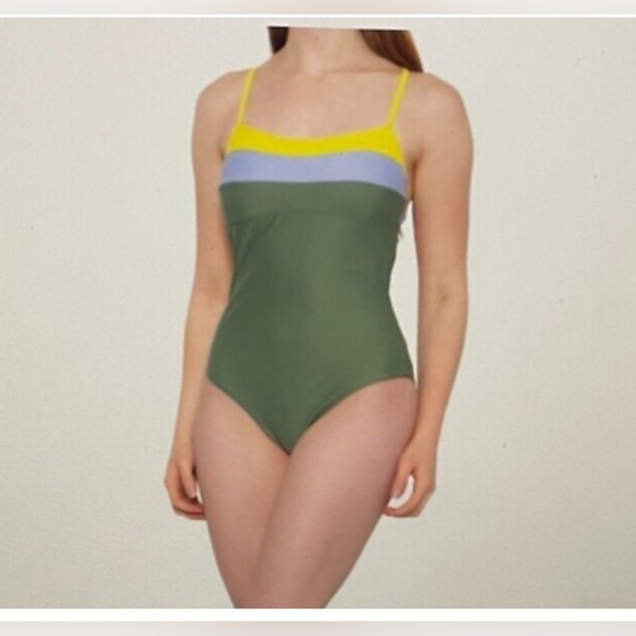 Prana Other - Prana Olive One-Piece Swimsuit with Yellow and Light Blue Bands